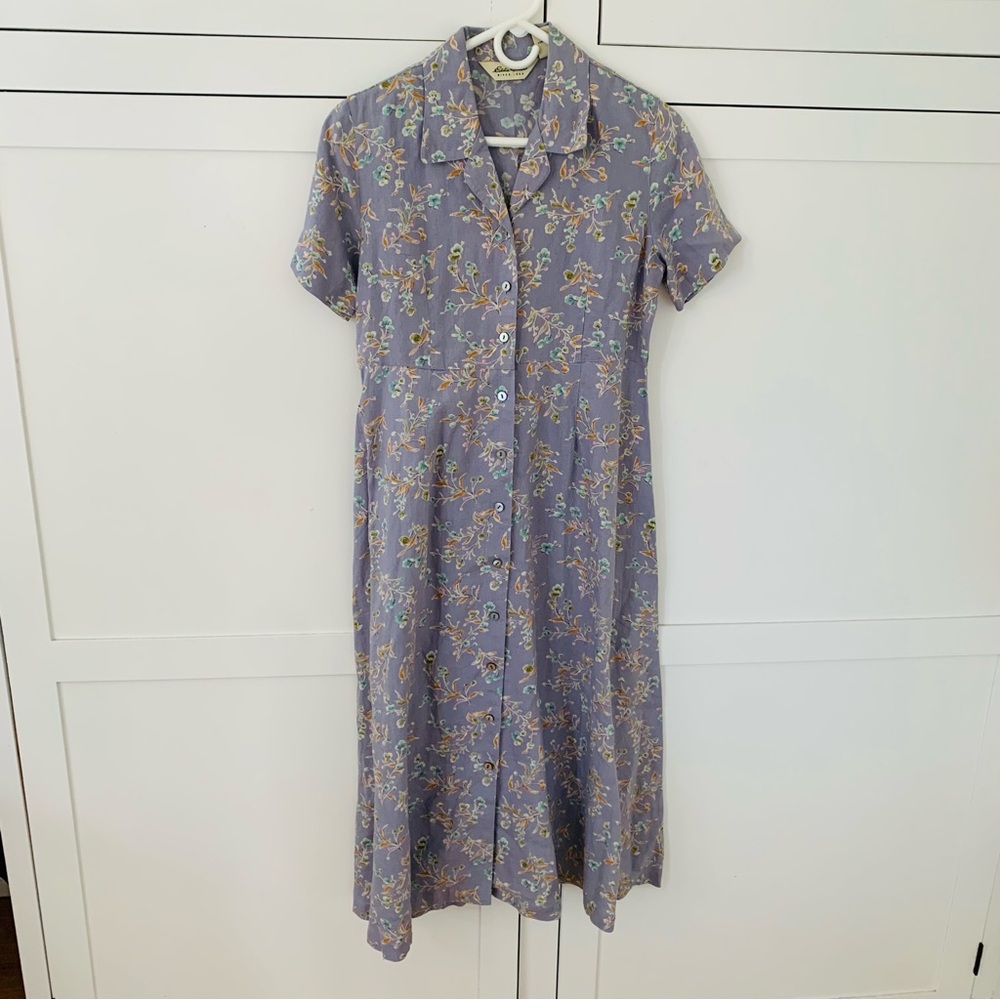 Vintage Eddie Bauer Linen Purple Floral Petite Collar Midi Button Down Dress S